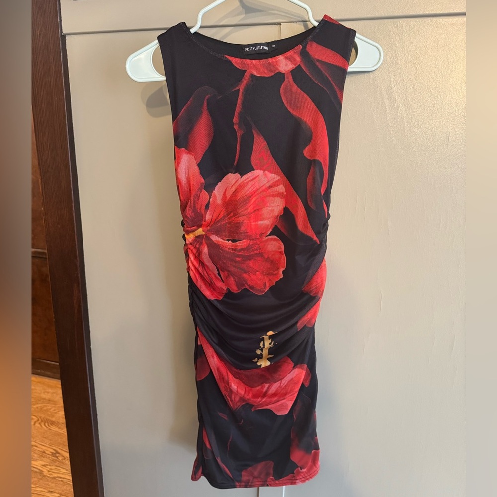 PrettyLittleThing Black Dress with Red Floral Print - Women’s Size S
